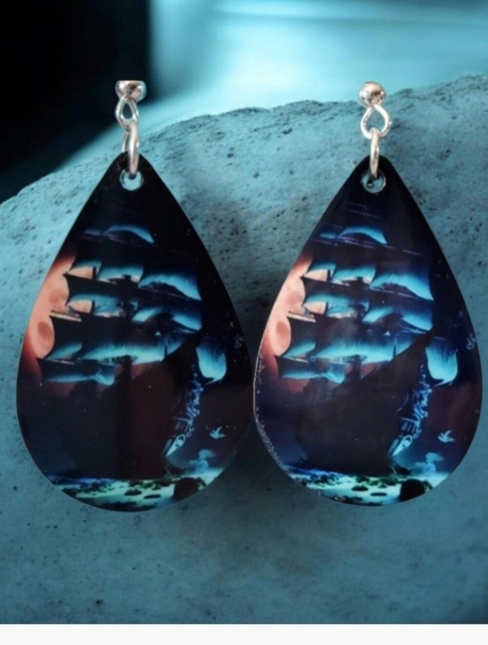 Pirate Ship in Moonlight Teardrop Earrings